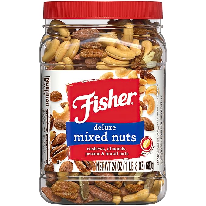 Fisher Snack Deluxe Mixed Nuts, 24 Ounces, Cashews, Almonds, Pecans, Brazil Nuts, 100% Recyclable, Healthy Snacks for Adults