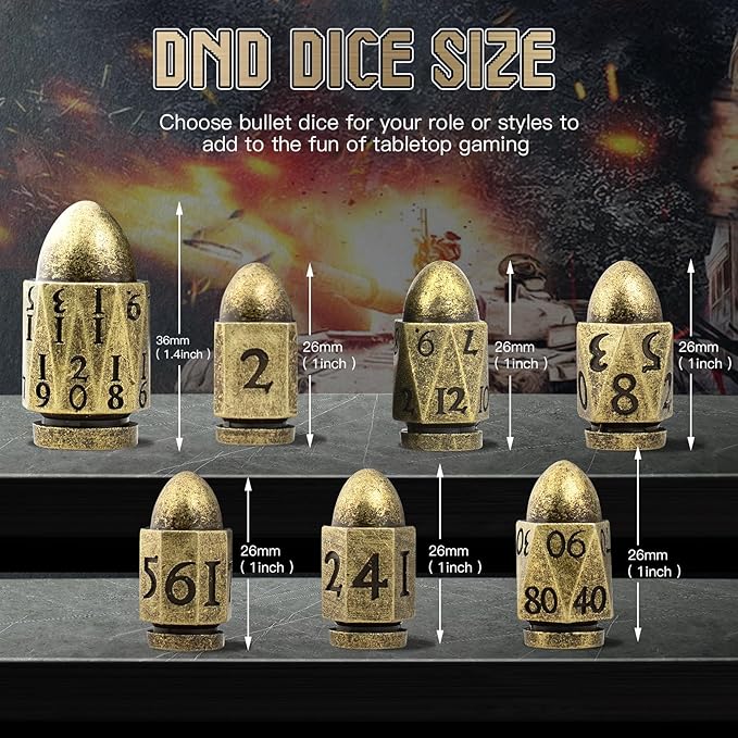 Bullet DND Dice, PCCECQEE Metal Dice Set D&D for Dungeons and Dragons,Polyhedral Dice Sets D&D RPG,Role Playing Table Board Games or Warhammer 40K Shadowrun Dice (Broze)