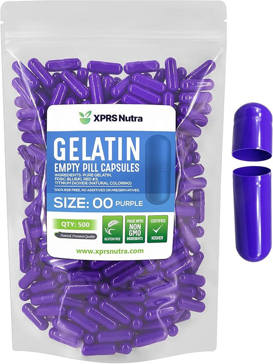XPRS Nutra Size 00 Empty Capsules - 500 Count Empty Gelatin Capsules - Pills DIY Capsule Filling - Fillable Pill Gel Caps for Do-It-Yourself Supplements (Purple)