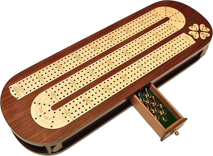 PALM ROYAL HANDICRAFTS 4 Track Wooden Cribbage Board Set Inlaid in Rose Wood and Maple Wood with pegs and Cards. Storage Available. 4 Player Cribbage Board (15 x 5 Inches)