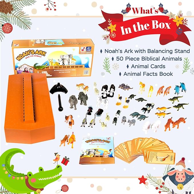Noah's Ark Toy, Balancing Game Religious Stacking Educational Board Game with Animal Toy, 50 Animals