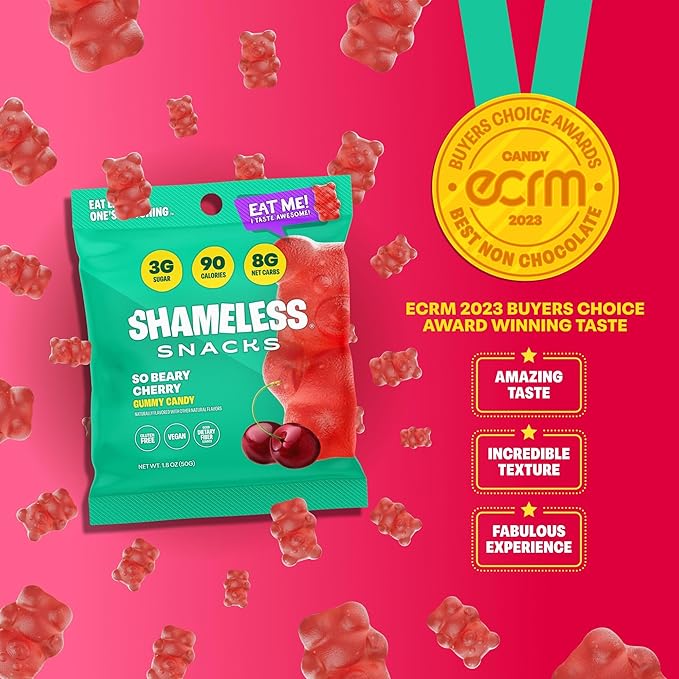 Shameless Snacks - Healthy Low Calorie Snacks, Low Carb Keto Gummies (Gluten Free Candy) - 6 Pack So Beary Cherry