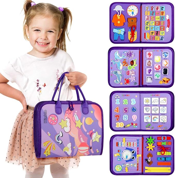 Toddler Busy Board - Montessori Toys for 2-3 Year Old Girl Birthday Gift - Busy Book for Toddlers 3-5, Montessori Educational Learning Sensory Travel Activities Toys for Kids Ages 2-4