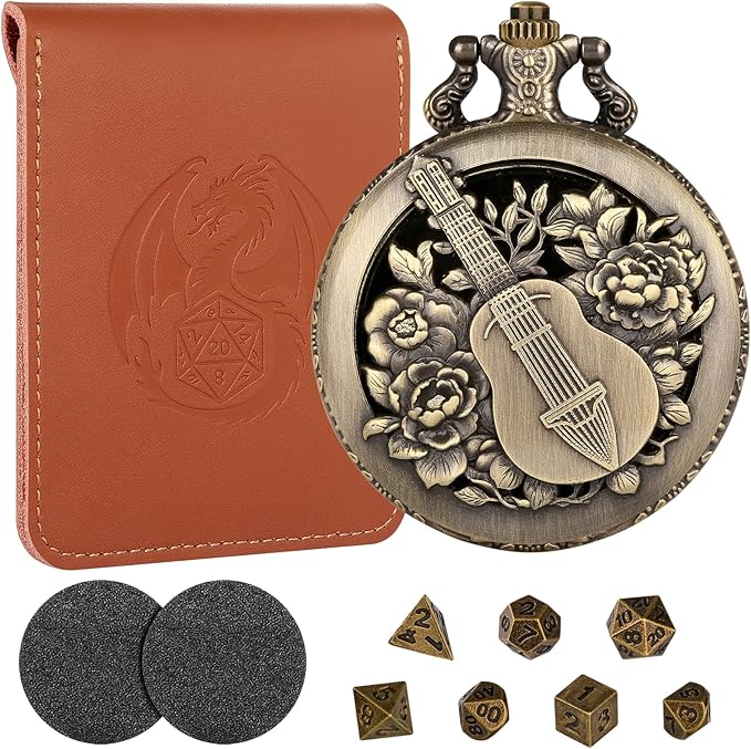 Bronze Mini DND Dice Set with Hollow Bard Pocket Watch Shell Case, Steampunk DND Gifts with Dice Bag, 7pcs Polyhedral Metal Dice Set, D&D Starter Set, Role Playing Board Games Accessories, Bard Gift