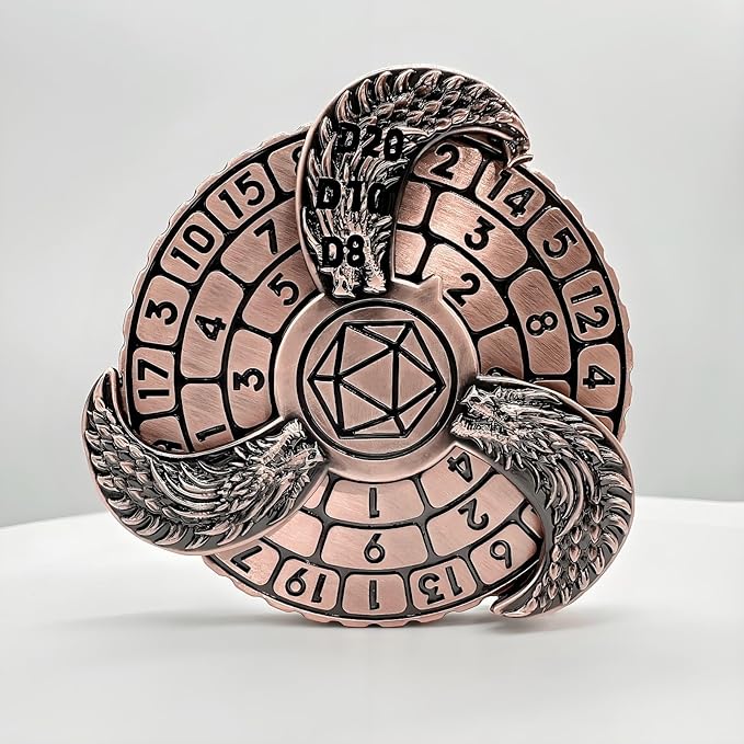 D&D Themed Fidget Spinner, dice Spinner, D4,D6, D8, D10, D12,D20,D% 7-in-1 Metal dice, Perfect for D&D Dungeons and Dragons, RPG and Pathfinder Role Playing Games (Ancient Red Copper )