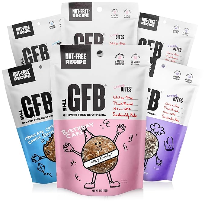 The GFB Gluten Free Protein Cookie Bites Nut Free Variety Pack – Super Tasty Allergen Friendly Fudge Brownie, Cookie Dough & Birthday Cake Vegan Protein Bites, 4 Oz (6 Count)