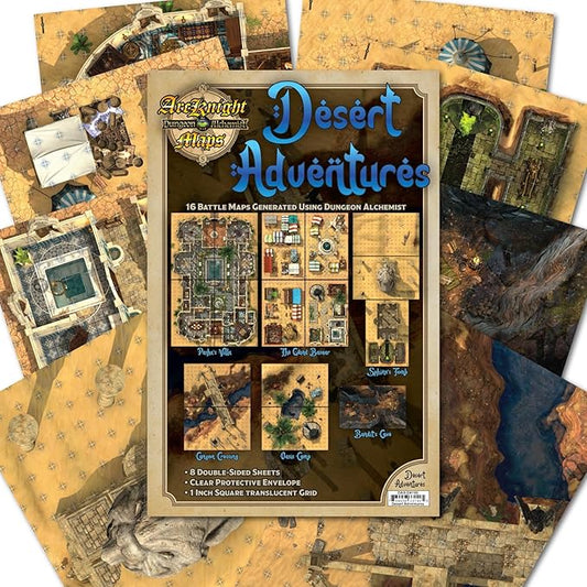 Arcknight Desert Adventures Roleplaying D&D Battlemaps; 16 Modular RPG Maps in 8 Double-Sided Pages, 1" Square Grid, Modular & Versatile Design for Tabletop Gaming - for Dungeons & Dragons & More