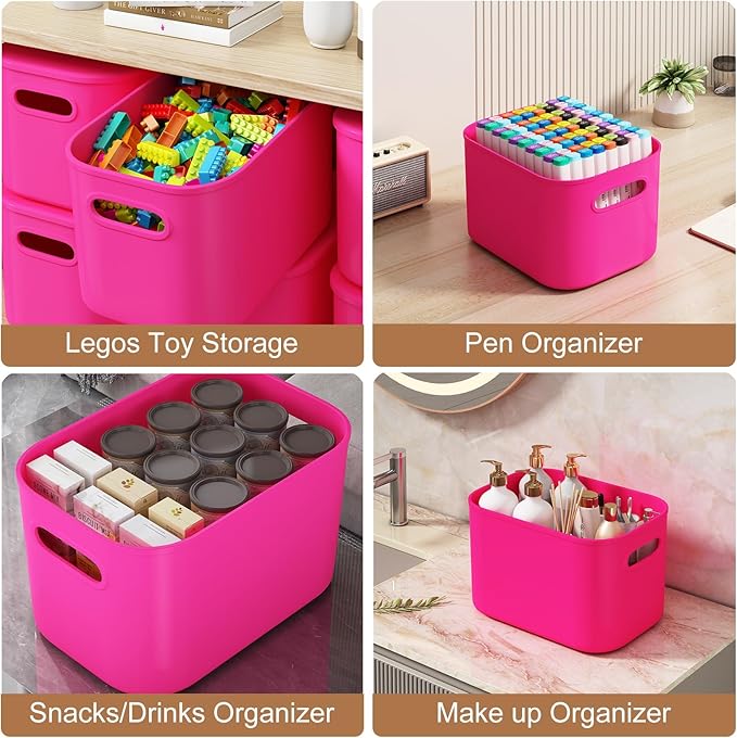 6 Pack Pink Storage Bins with Lids Stackable Storage Container for Organizing, Storage Boxes with Handle for Shelves, Cute Storage Bin for Craft, Snacks, 9.85x6.9x5.7 inch