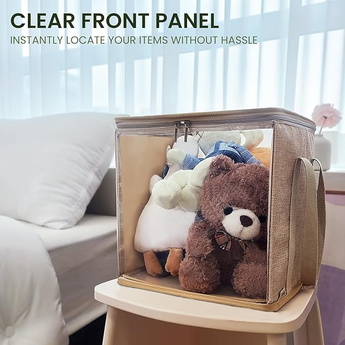 holay 2 Pack Storage Bins PVC Boxes with Transparent Lid & Handles - Durable & Foldable - Multi-Purpose Organizer for Clothes, Books, and More (Brown, Large)