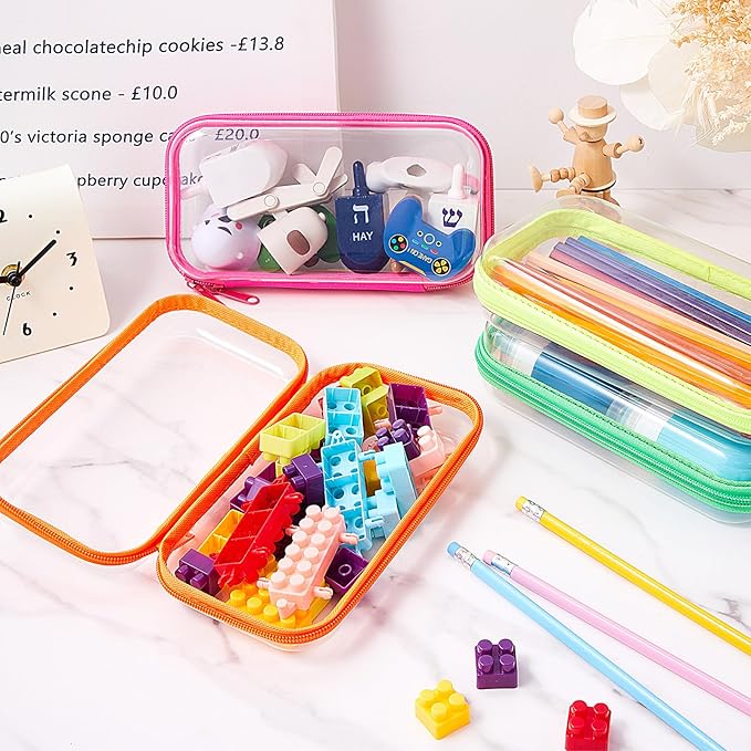 Hoolerry 4 Pcs Hard Clear Zipper Case Transparent Cases for Snacks Makeup Bag Plastic Storage Box Containers for Building Blocks, Puzzles, Cosmetics(Fluorescent,7.5 x 3.9 x 2 in)