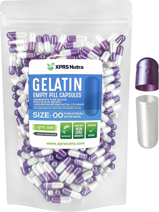 XPRS Nutra Size 00 Empty Capsules - 500 Count Empty Gelatin Capsules - Pills DIY Capsule Filling - Fillable Pill Gel Caps for Do-It-Yourself Supplements (Pearl Purple/White)