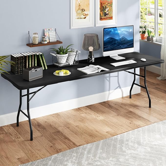 Goplus 8ft Plastic Folding Table, 350 LBS Outdoor Heavy Duty Folding Tables with HDPE Tabletop, Handle, Lock, Foldable Rectangle Portable Utility Card Table for Picnic, Party, Camping, Dining