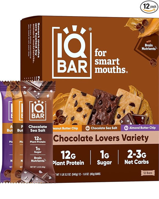 IQBAR Brain and Body Plant Protein Bars - Chocolate Lovers Variety - 12-Count Low Carb - Gluten Free, High Fiber, Vegan Snacks - Low Sugar Meal Replacement