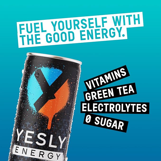 Yesly Energy Drink, Tropical Punch, Naturally Flavored Sparkling Energy Drink With Electrolytes, Magnesium, Potassium, Vitamin C, B6 & B12, Natural Caffeine From Green Tea, 12 Fl Oz Cans, 12 Pack