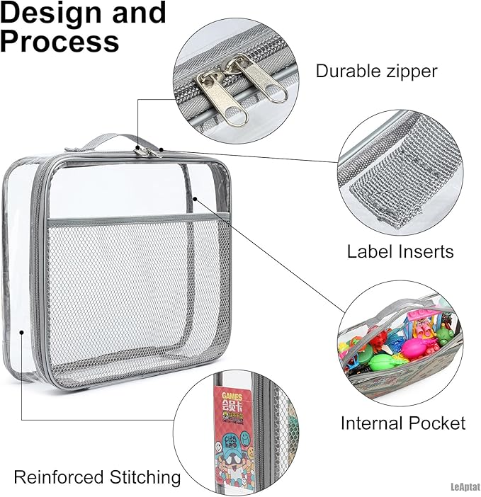4 Pack Clear PVC Zippered Toy Storage Bags for Toy, Kids Toy, Building Blocks, Puzzle, Clay, Board Game Storage Organizer Travel Waterproof Toy Organzie With Name Tag Pocket (Gray, Large)