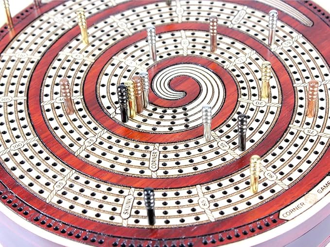 Cribbage Board Spiral Design Round Shape 4 Tracks Bloodwood/Maple with Place for Skunks, Corners & Won Games