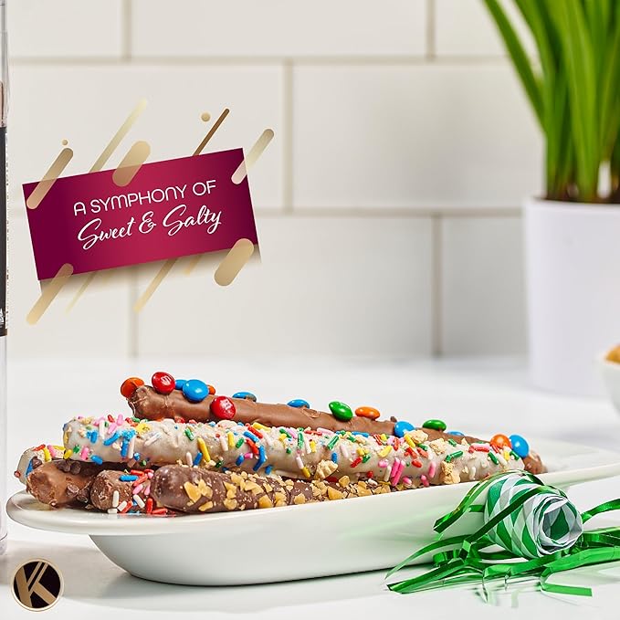 KREMERY Creamy Chocolate Cravings - Birthday Treats, Chocolate Covered Pretzel Rods Gift Basket, in Confetti Tower + Greeting Card (10 Pretzels, Assorted Sweet Toppings) Kosher Dairy, USA Made