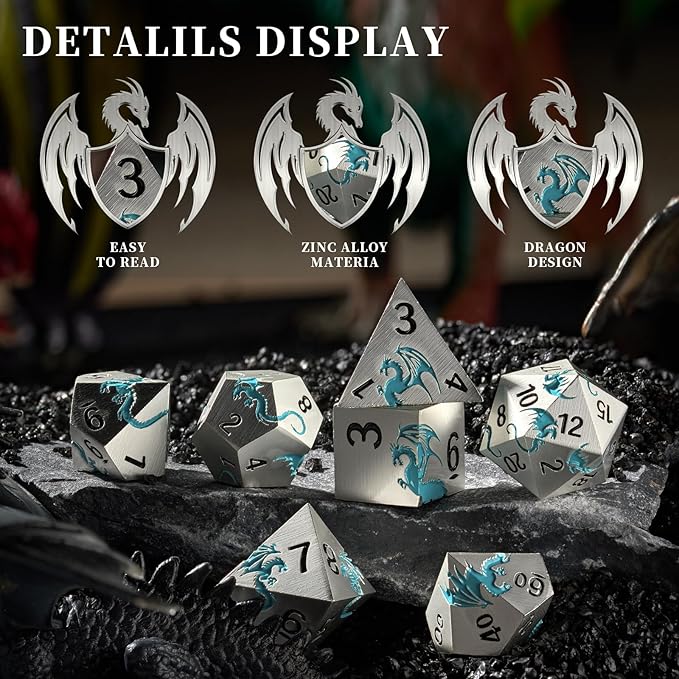 Blue Dragon Metal DND Dice Set,HNCCESG Cool D&D Dice Set of 7 Piece,Dungeons and Dragon Gift Dice, Role Playing Dice for D&D Table Games((Matte Silver Blue2 Dragon)