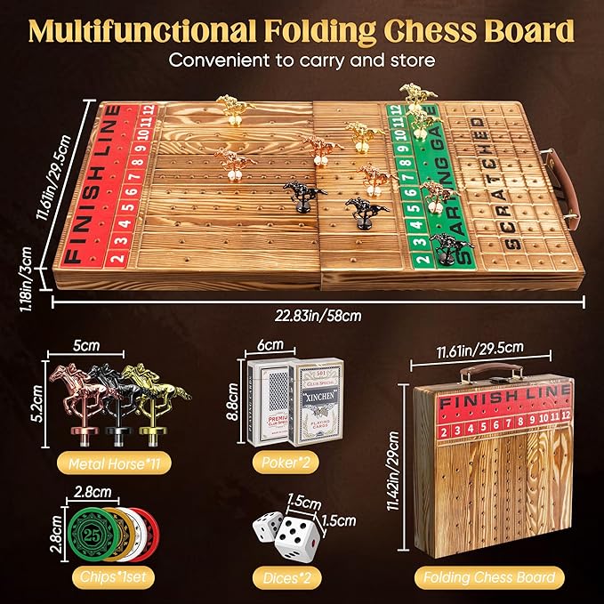 Horse Racing Game, Foldable Solid Wood Horse Games, Horse Race Board Game with 11 Metal Race Horses, Two Dice and Two Boxes of Cards, 2 in 1 Folding Horse Game Board (Folding Version)