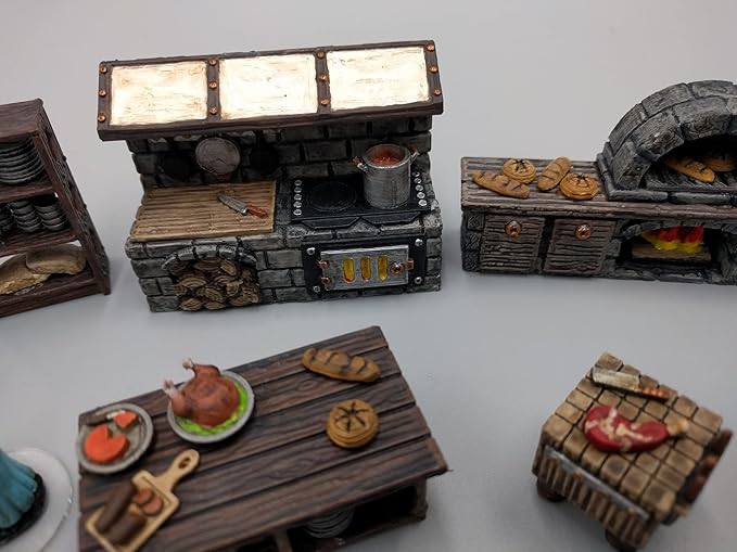 Inn and Tavern Kitchen Furniture Set DND Terrain 28mm for Dungeons and Dragons, D&D, Pathfinder, Warhammer 40k, RPG, Miniatures, Age of Sigmar, Tabletop, D and D, Dungeons and Dragons Gifts