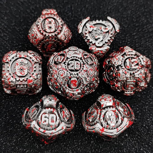 Geakeeper Construct D&D Dice, Metal DND Dice Set, 7Pcs Polyhedral Dragon Metallic D&D Dice with Gift Case for Dungeons and Dragon Game, RPG Role Playing Table Game Gifts (Blood Stains)