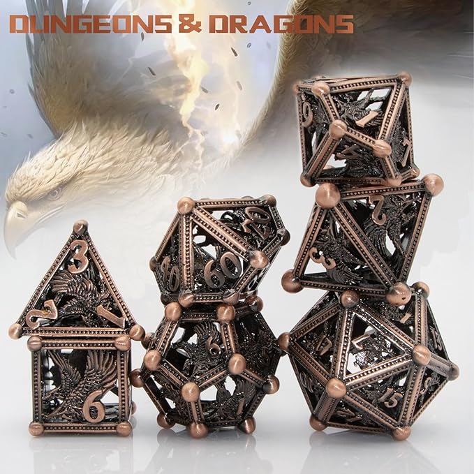 D&D Dice, Dungeons and Dragons Metal Dice Set of 7PC,DND Dice Eagle Design with Role Playing D and D Starter Dice for RPG MTG Table Board Games Shadowrun Yahtzee (Eagle-Copper)