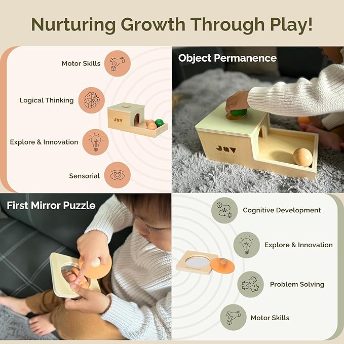 Jackie & Vancie Montessori Toy Set for Babies 7 to 12 Months, Sensory Playkit 6 in 1 Wooden Learning Toys with Object Permanence, Rainbow Stacker, Mirror Puzzle, Sensory Blocks, Egg & Cup, Wooden Book