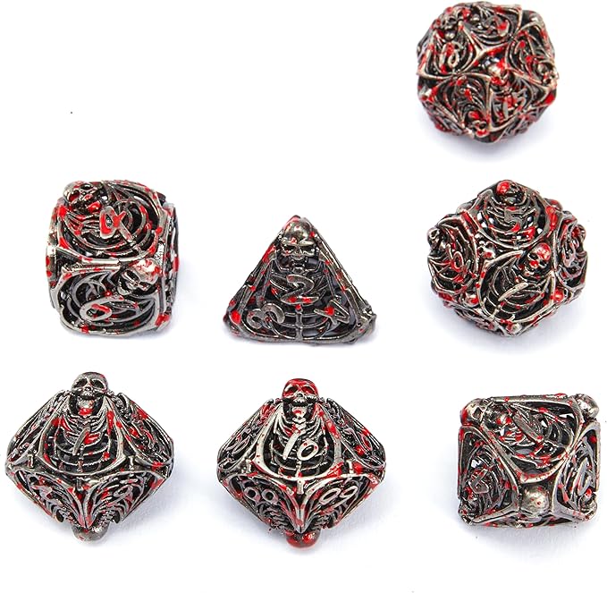 Metal Skull Dice Set Hollow Multi-Sided Dungeons & Dragons Dice 7CPS Role-Playing Dice Set with Flannel Bag Suitable for D&D Board Game Cards (Spatter)