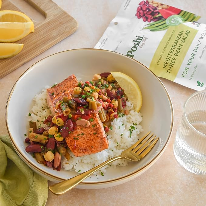 POSHI Mediterranean Three Bean Salad Natural, Keto, Vegan, Non GMO, Low Carb + Calorie, Gluten Free, Ready to Eat, Fully Cooked Vegetables, Pentry Food, Gourmet, Healthy, Travel Food 6 Pack, 4.4 oz