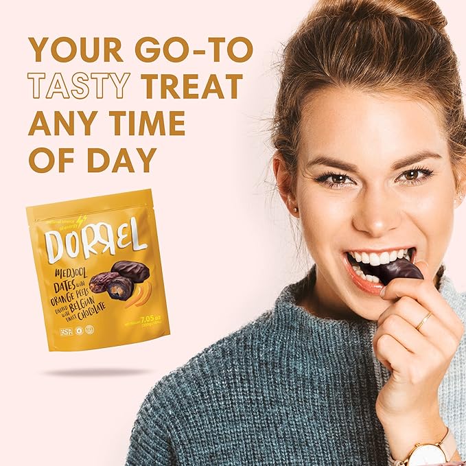 Dorrel Belgian Dark Chocolate Covered Medjool Dates Stuffed with candied orange peel, High-Energy Source, Nutritious and Sweet Snacks, Non-GMO, Kosher, 1 Pack