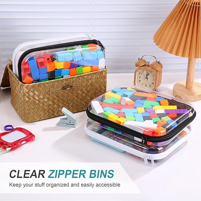 Hoolerry 4 Pcs Hard Clear Zipper Case Transparent Cases for Snacks Makeup Bag Plastic Storage Box Containers for Building Blocks, Puzzles, Cosmetics(Black and White,9.8 x 7.9 x 2 in)