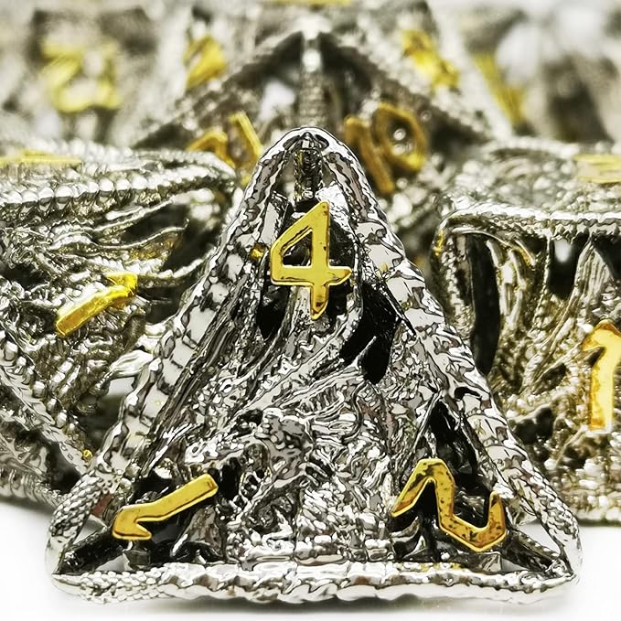 HAOMEJA Hollow Dragon Dice DND Metal Dice Set 7 Role Playing Dice D&D Dungeons and Dragons Dice (Silver)