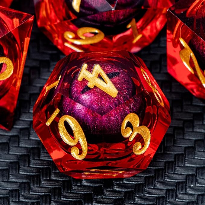 ARUOHHA DND Dragon Eye Dice Liquid Core Red Resin Sharp Edged Dice with Gift Box, Polyhedral D and D Dice Set Handmade Role Playing Game D20 D12 D10 D8 D6 D4