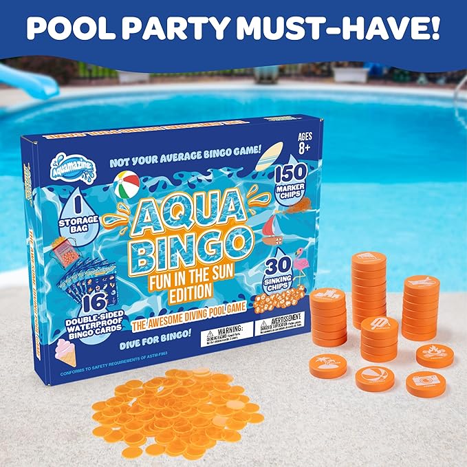 Pool Bingo Diving Game for Kids- Summer Party Fun Edition- Dive for & Call 30 Sinking Tropical Themed "Numbers", Fill Your Card- 150 Marker Chips 16 Double Sided Waterproof Play Cards, Toy Storage Bag