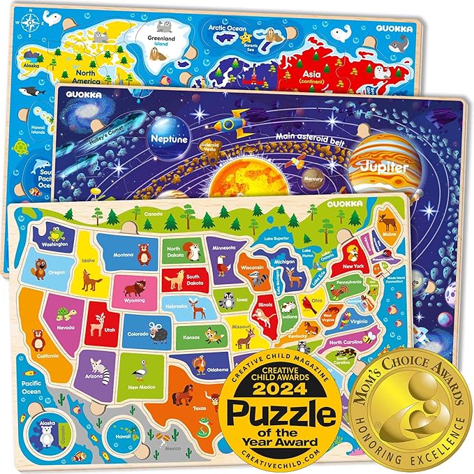 QUOKKA Puzzles for Kids Ages 4-6 - 3 Set Toddler Kids Puzzles Ages 3-5 - Learning United States Games for Childrens 6-8 - Educational Toys for 3 Year Old Boys and Girls - Award Winning