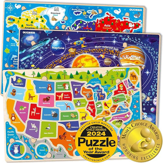 QUOKKA Puzzles for Kids Ages 4-6 - 3 Set Toddler Kids Puzzles Ages 3-5 - Learning United States Games for Childrens 6-8 - Educational Toys for 3 Year Old Boys and Girls - Award Winning