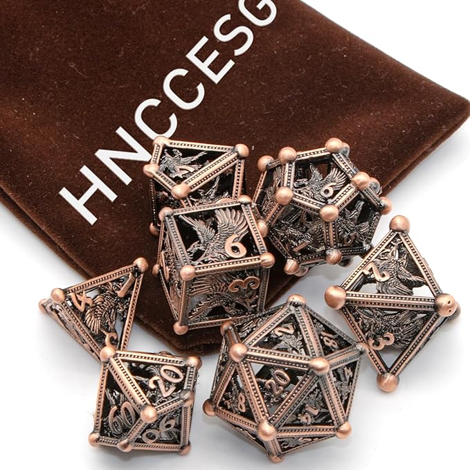 D&D Dice, Dungeons and Dragons Metal Dice Set of 7PC,DND Dice Eagle Design with Role Playing D and D Starter Dice for RPG MTG Table Board Games Shadowrun Yahtzee (Eagle-Copper)