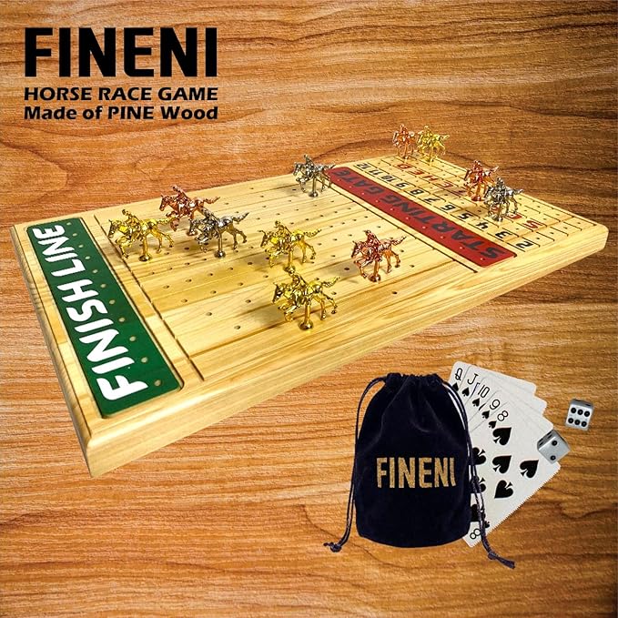 Horse Racing Game for Adults With 11 Luxurious Metal Horses (Silver, Black, Rose Gold), 22" Pine Wood Race Game Board, Dice & Card Included (Log Color3)