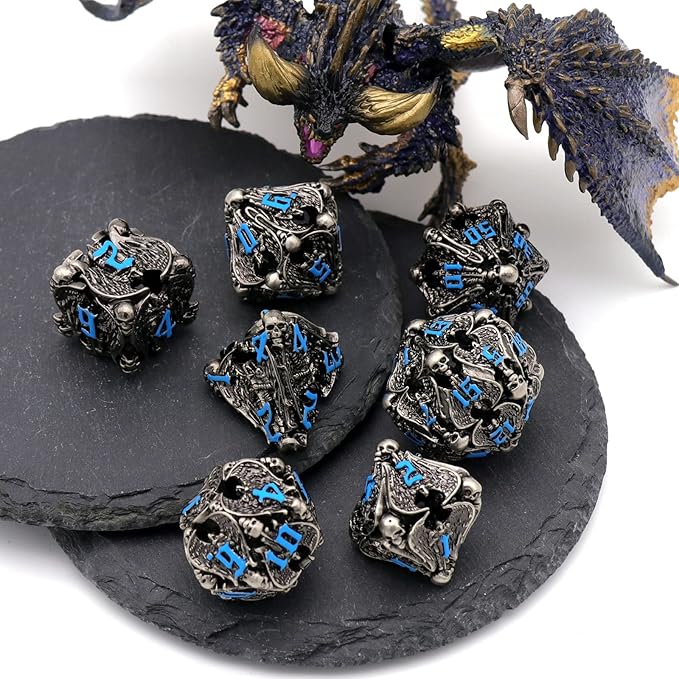 DND Dice, Dungeons and Dragons Dice Metal Dice Set D&D with Box HNCCESG Unique Role Playing Dice Hollow Polyhedral Starter Dice Gaming for Board Game RPG (Angel Blue Number)