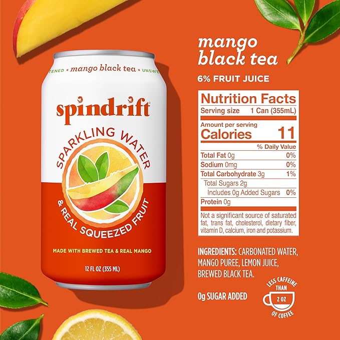 Spindrift Mango Black Tea Can 12 Ounce (Pack of 24)