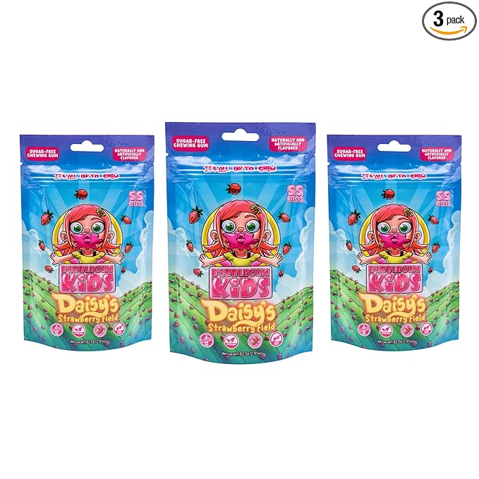Bubblegum Kids Sugar Free Gum - For Kids and Adults - Vegan Friendly - Retro, Parent Approved Bubble Gum with Burst of Sweet Flavor - Daisy's Strawberry Field (Strawberry 3-Pack)