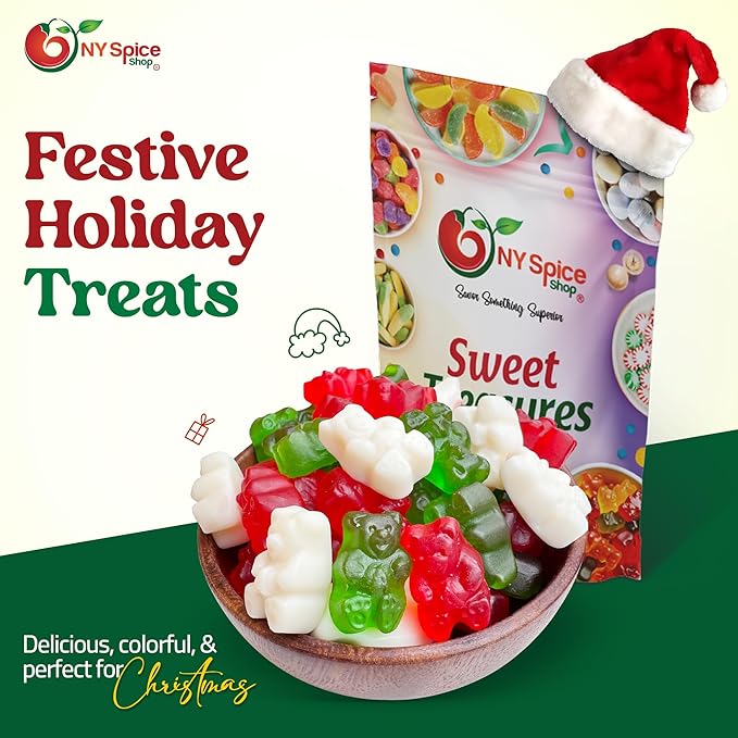 NY Spice Shop Christmas Gummy Bears Candy - 1 Pound Delightful Chewy Green, Red and White Fruit Flavored Holiday Candies Bulk - Gummies Fruit Snacks for Candy Buffet, Party and More