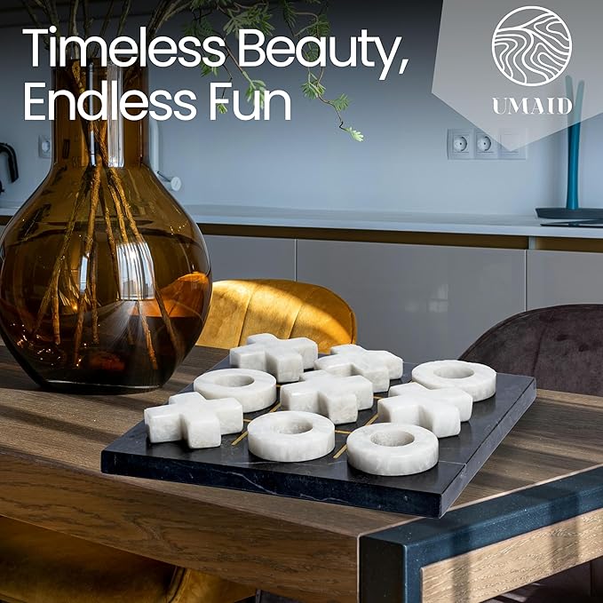 UMAID Marble Tic Tac Toe Game, Luxury Touch for Dad This Fathers Day, Handcrafted Marble Board with Velvet Gift Box, Solid Marble Unique Home Decor for Coffee Table, Desk, Office, Living Room