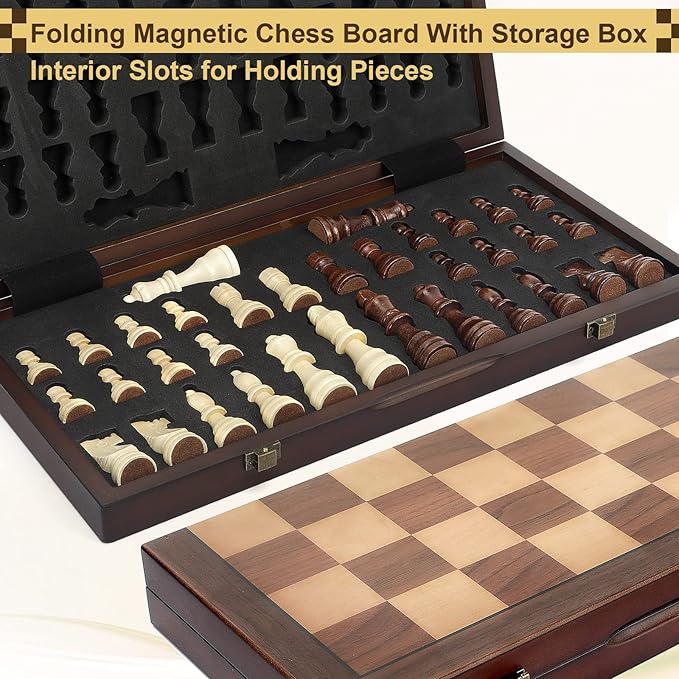 Magnetic Wooden Chess Set for Adults Kids 12'' Chess Board with Handmade Pieces, Folding Portable Travel Unique Chess Sets Game for Tournament Professional Beginner