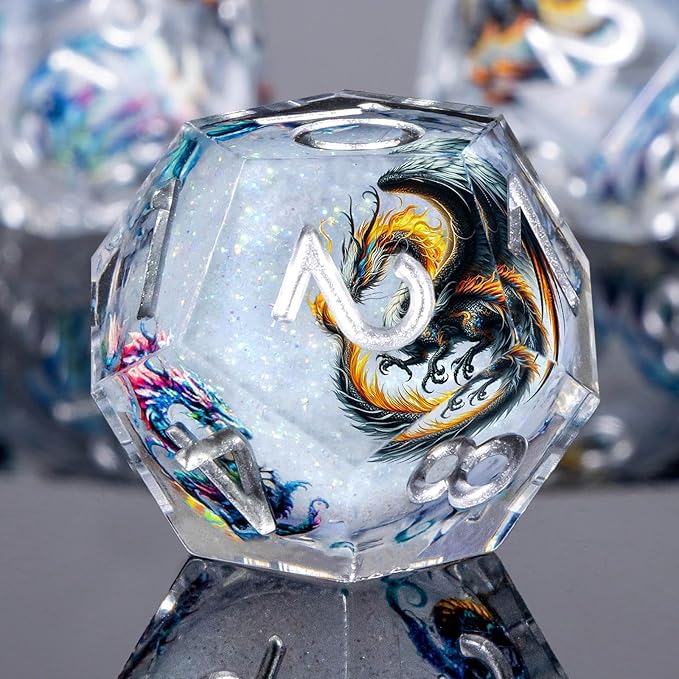 Dragon Pattern Liquid Core DND Dice Set, 7Pcs Sharp Edge D&D Dice with Gift Box, White Resin Dungeons Dragons D and D Role Playing Dice D20 D12 D10 D8 D6 D4