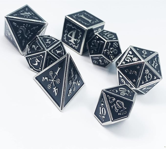 Metal Dice Set Collection for DND and All TRPG Games (Nightwatch, Silver 7 Set)
