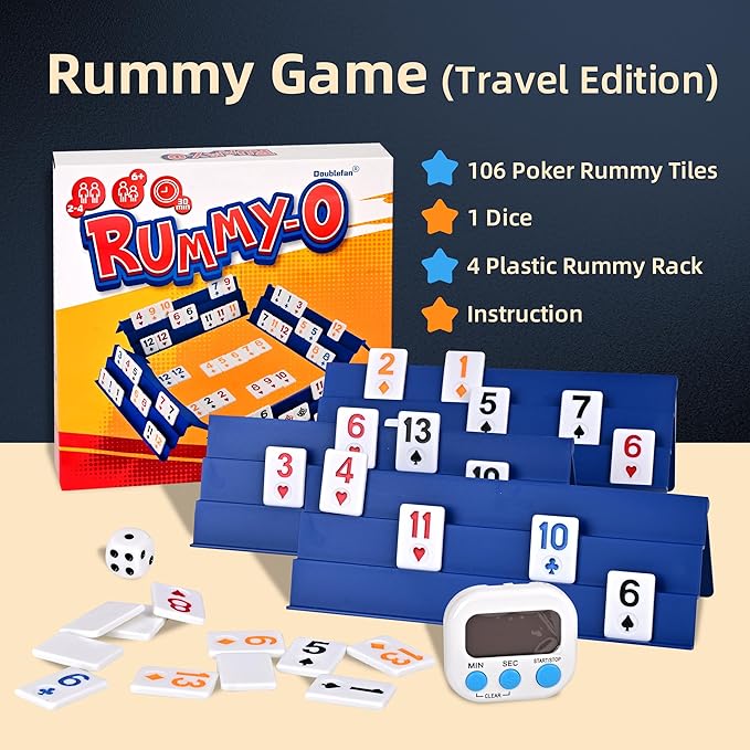 Doublefan Rummy Game, Original Poker Rummy with Color Box, Classic Board Game for Adult and Kids,106 Tiles, 4 Playing Rack, 1 Timing, 1 Dice (2-4 Players)