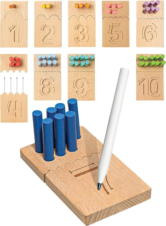 Bimi Boo Counting Peg Boards and Number Tracing for Kids - Wooden Montessori Math Toy for Toddlers and Preschoolers - Math Manipulatives for Kindergarten (55 Pegs, 10 Boards, 1 Pen)