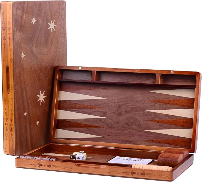 Wooden Inlaid Backgammon Set, Classic Strategy Board Game Case 15.7" Large Size, Backgammon with Checkers Pieces for Adults and for Children