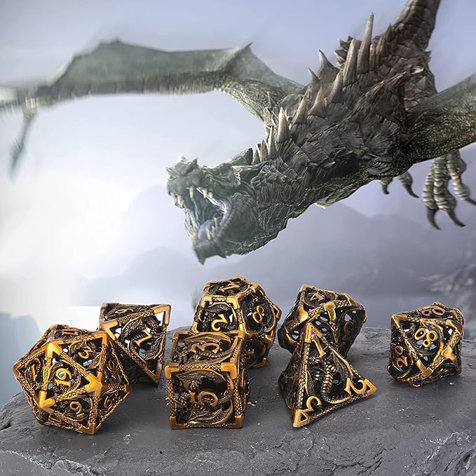 DND Dice,Hollow D&D Metal Dice,Dungeons and Dragons Dice Set with Gift Box,7 PCs Steampunk Polyhedral Dice Games Set for RPG,MTG,Pathfinder,(Dragon Ancient Golden)